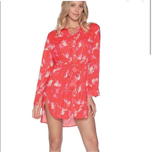 NWOT Maaji Windflower Red Floral Coverup Long Shirt Dress Size S - Picture 1 of 11